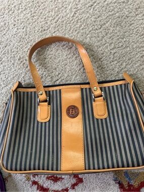 Added additional pics: Fendi  Stripe Shoulder Bag with Tan Leather Trim